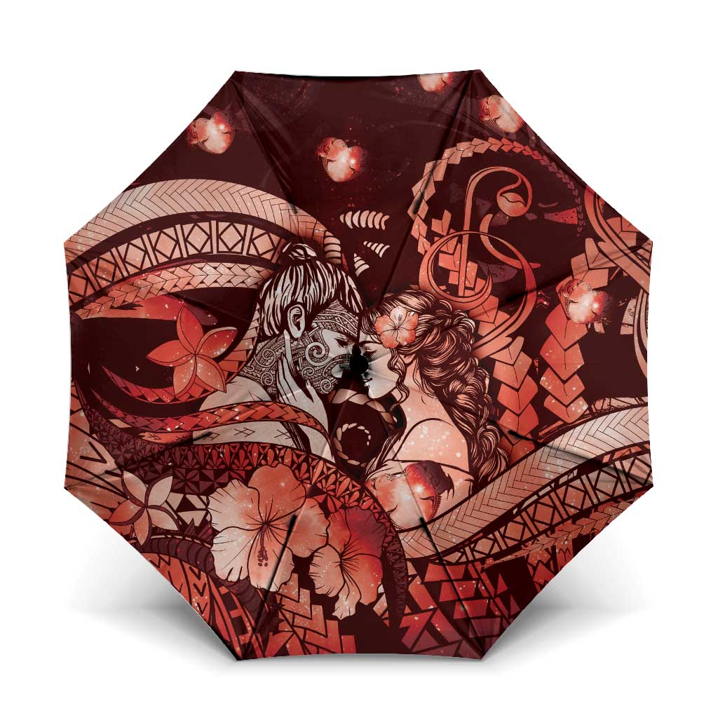 Maori Romantic Valentine Umbrella The Hongi Kiss Red Galaxy DT05 One Size Folded 11.42 inch Opened Diameter 37.4 inch Red - Polynesian Pride