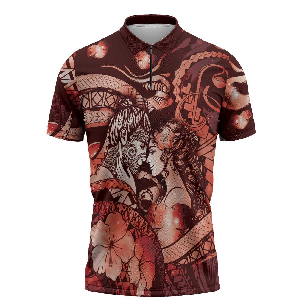 Personalised Maori Romantic Valentine Zipper Polo Shirt The Hongi Kiss Red Galaxy