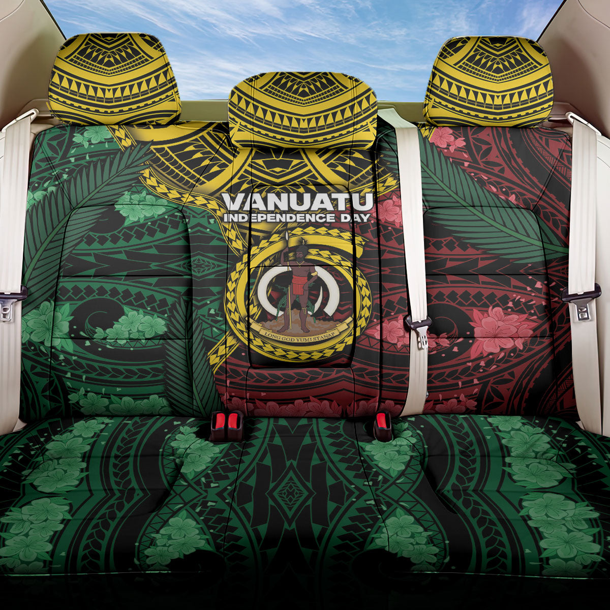Vanuatu Independence Day Back Car Seat Cover Boar Tusk Warrior Tribal Floral Patterns DT05 One Size Multicolor - Polynesian Pride