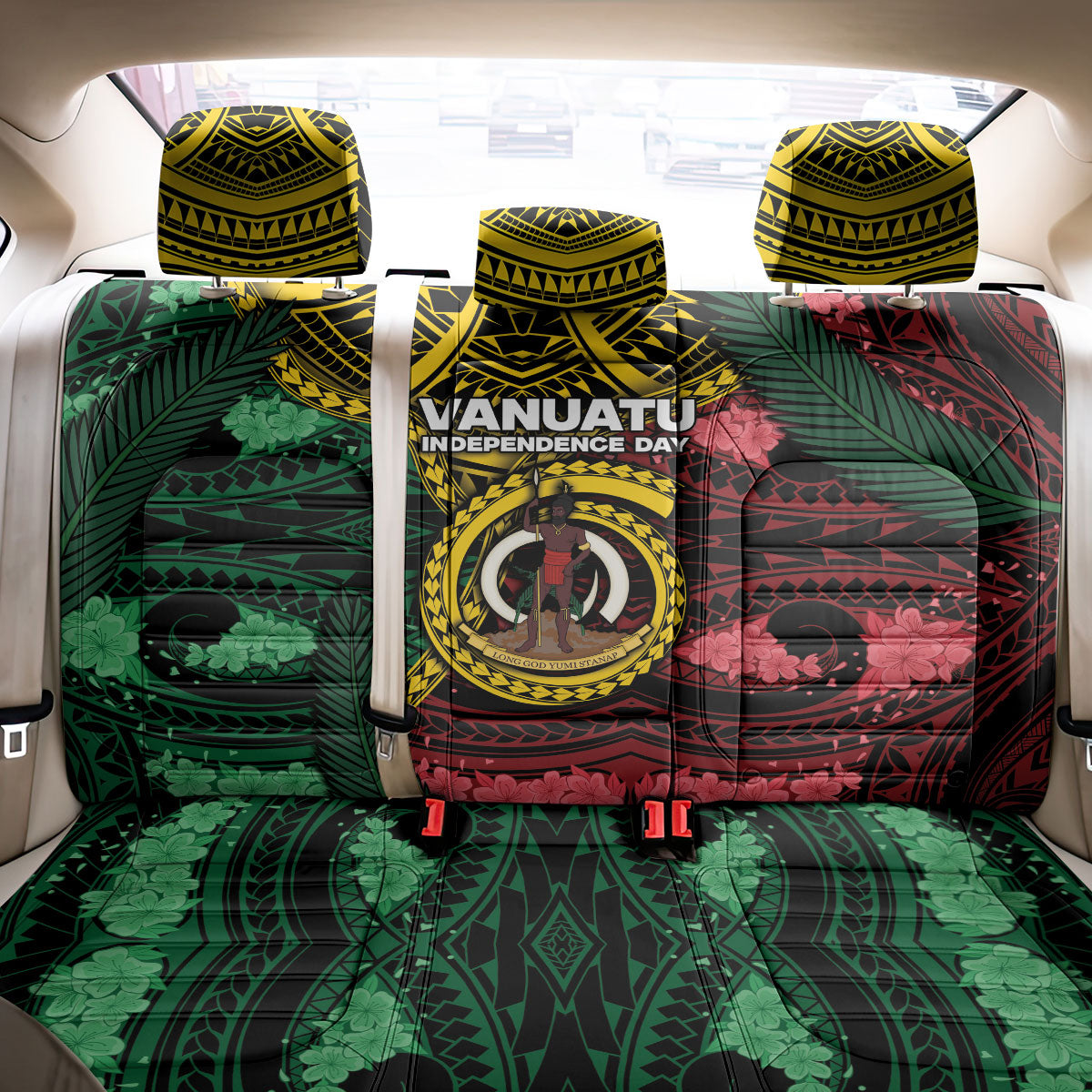 Vanuatu Independence Day Back Car Seat Cover Boar Tusk Warrior Tribal Floral Patterns