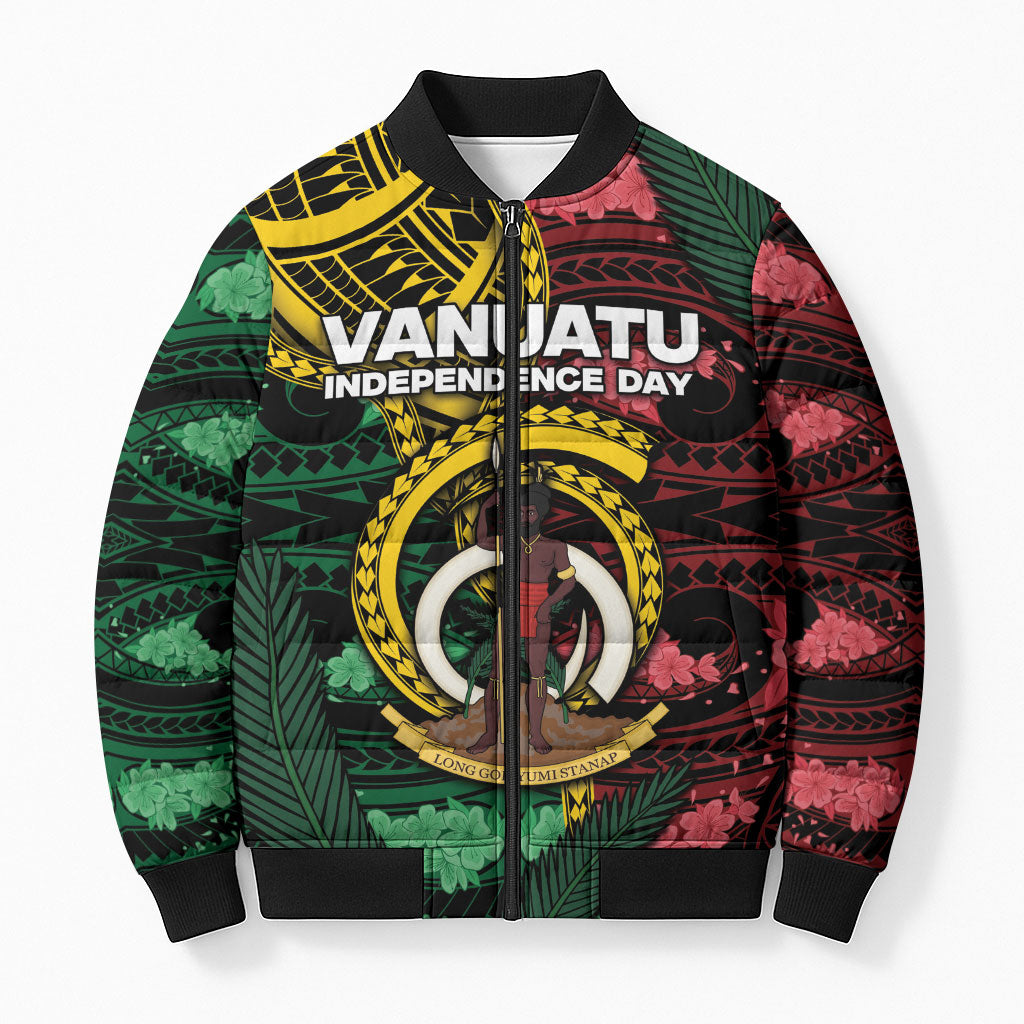 Personalised Vanuatu Independence Day Bomber Puffer Jacket Boar Tusk Warrior Tribal Floral Patterns DT05 Unisex Multicolor - Polynesian Pride