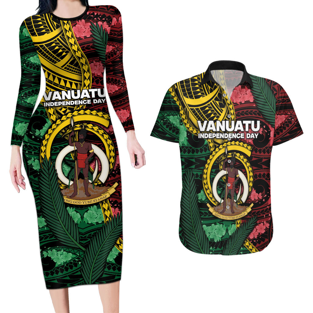 Personalised Vanuatu Independence Day Couples Matching Long Sleeve Bodycon Dress and Hawaiian Shirt Boar Tusk Warrior Tribal Floral Patterns DT05 Multicolor - Polynesian Pride