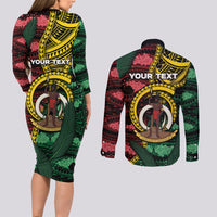 Personalised Vanuatu Independence Day Couples Matching Long Sleeve Bodycon Dress and Long Sleeve Button Shirt Boar Tusk Warrior Tribal Floral Patterns