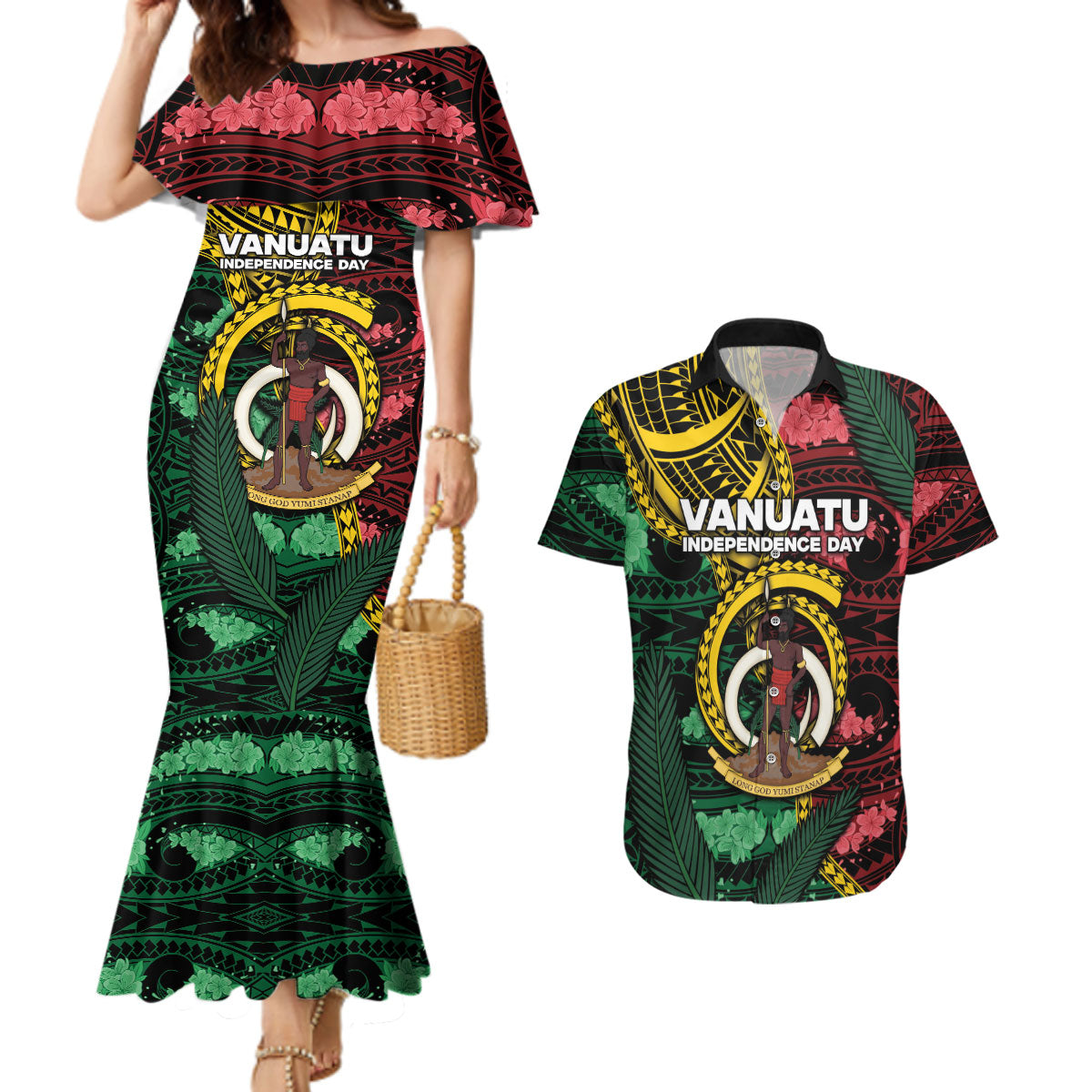 Personalised Vanuatu Independence Day Couples Matching Mermaid Dress and Hawaiian Shirt Boar Tusk Warrior Tribal Floral Patterns DT05 Multicolor - Polynesian Pride