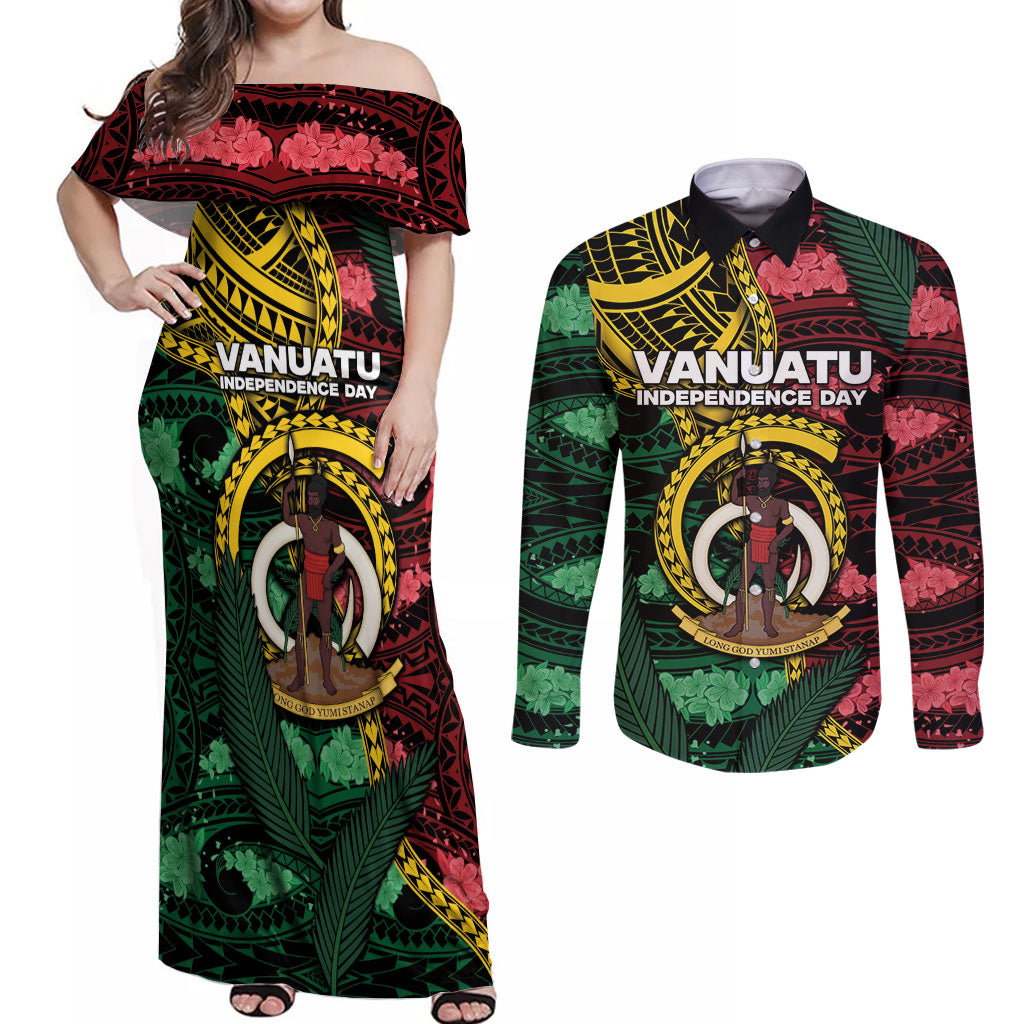 Personalised Vanuatu Independence Day Couples Matching Off Shoulder Maxi Dress and Long Sleeve Button Shirt Boar Tusk Warrior Tribal Floral Patterns DT05 Multicolor - Polynesian Pride