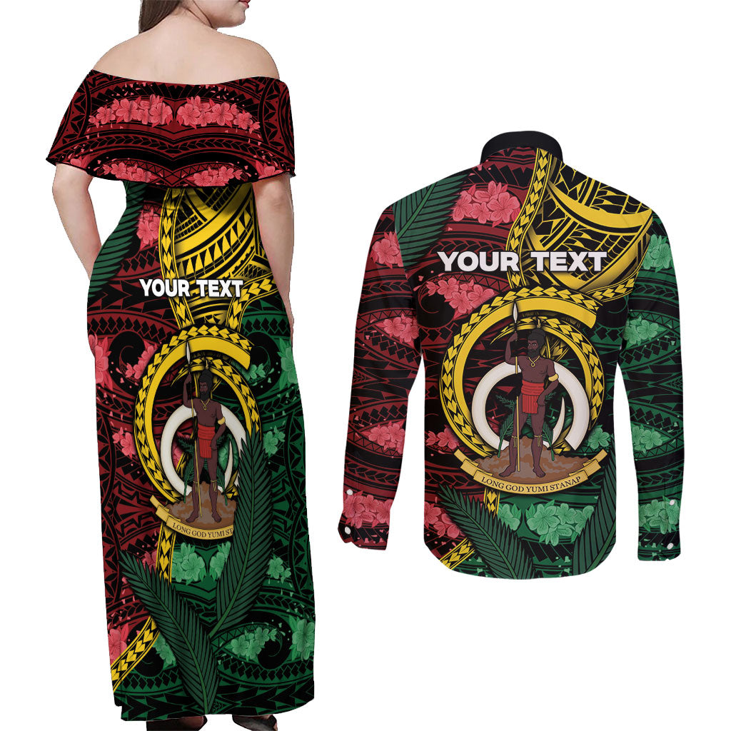 Personalised Vanuatu Independence Day Couples Matching Off Shoulder Maxi Dress and Long Sleeve Button Shirt Boar Tusk Warrior Tribal Floral Patterns