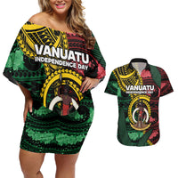 Personalised Vanuatu Independence Day Couples Matching Off Shoulder Short Dress and Hawaiian Shirt Boar Tusk Warrior Tribal Floral Patterns