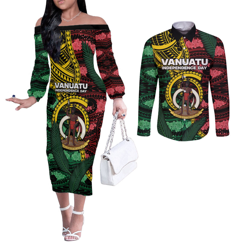 Personalised Vanuatu Independence Day Couples Matching Off The Shoulder Long Sleeve Dress and Long Sleeve Button Shirt Boar Tusk Warrior Tribal Floral Patterns DT05 Multicolor - Polynesian Pride