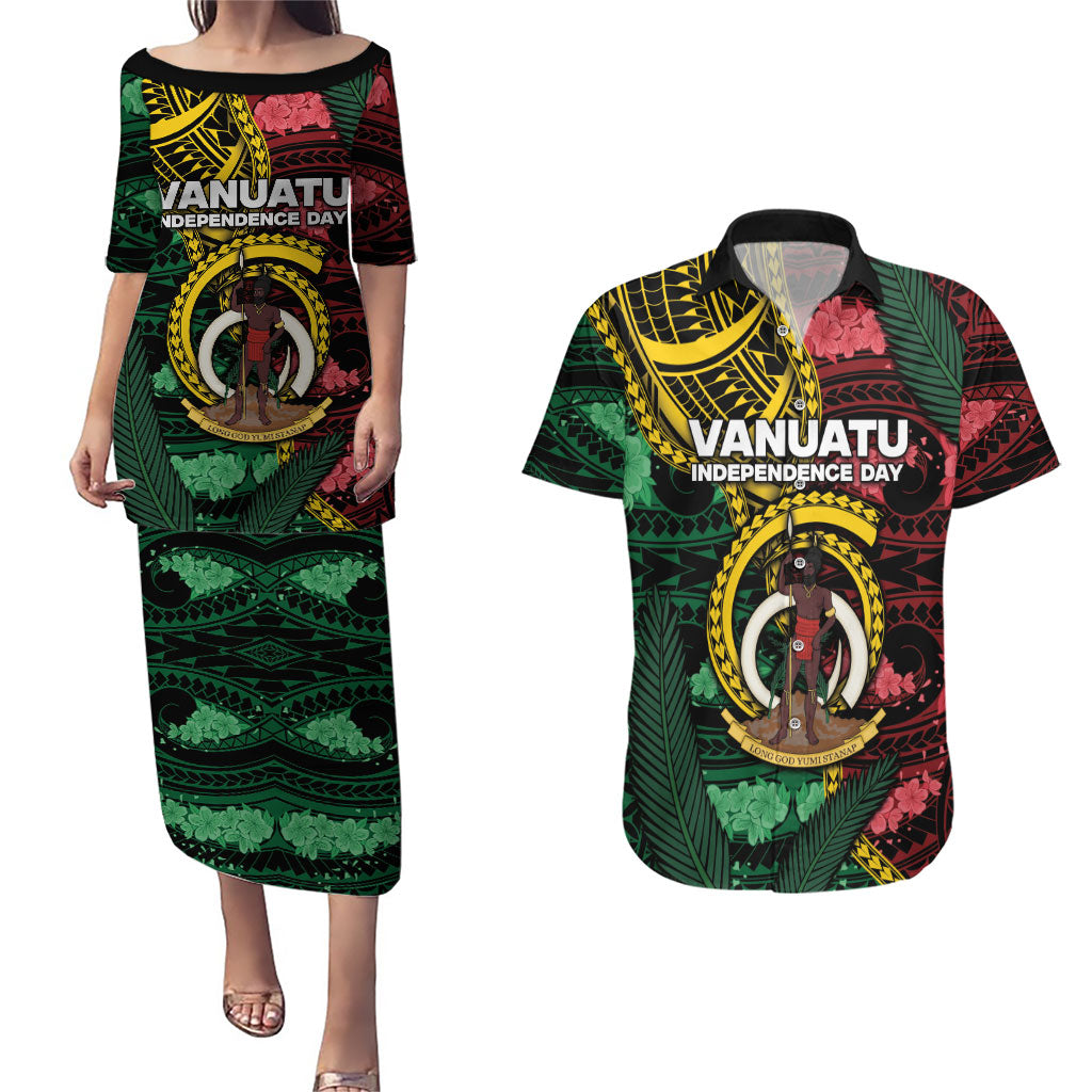 Personalised Vanuatu Independence Day Couples Matching Puletasi and Hawaiian Shirt Boar Tusk Warrior Tribal Floral Patterns DT05 Multicolor - Polynesian Pride