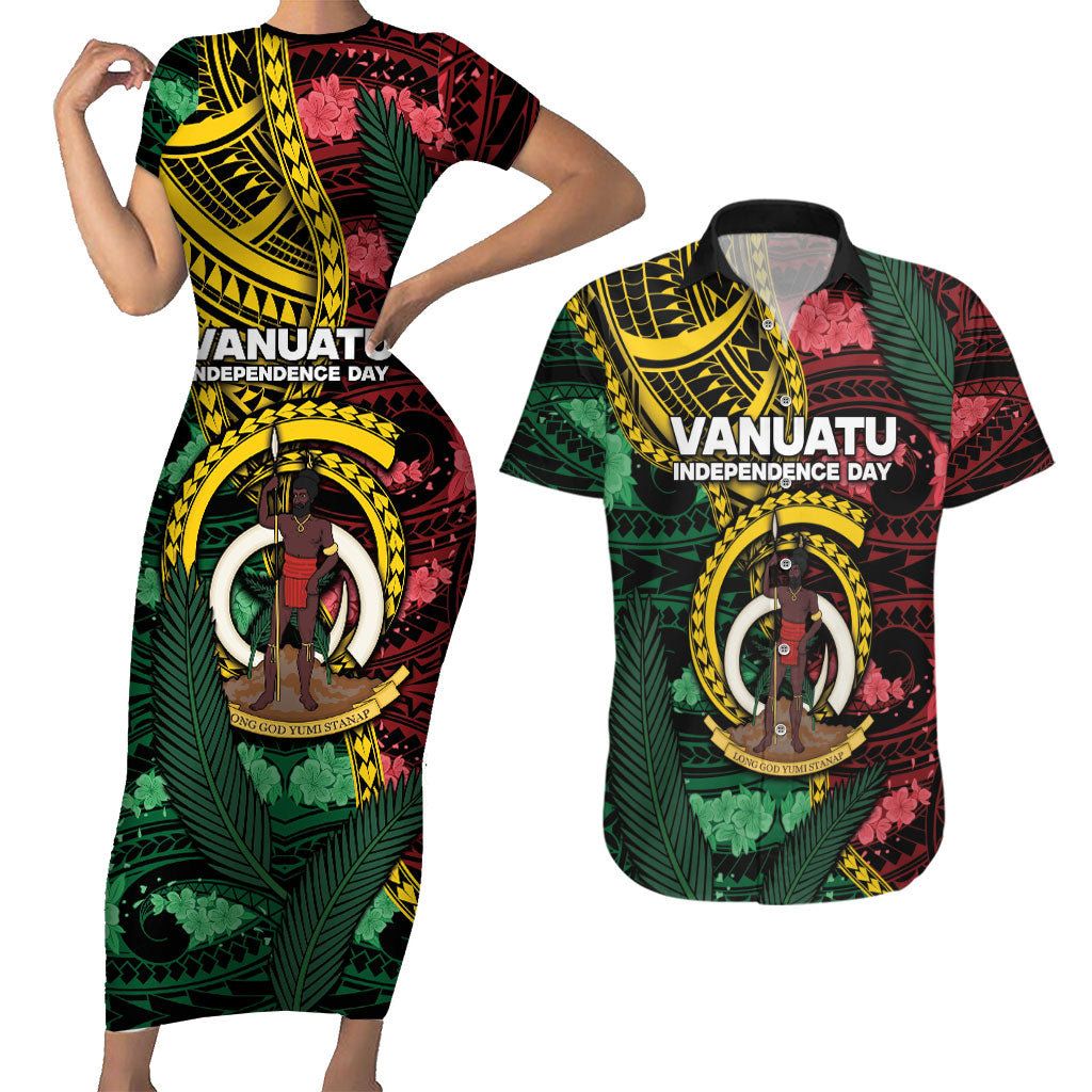 Personalised Vanuatu Independence Day Couples Matching Short Sleeve Bodycon Dress and Hawaiian Shirt Boar Tusk Warrior Tribal Floral Patterns DT05 Multicolor - Polynesian Pride