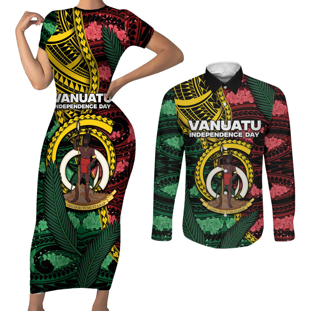 Personalised Vanuatu Independence Day Couples Matching Short Sleeve Bodycon Dress and Long Sleeve Button Shirt Boar Tusk Warrior Tribal Floral Patterns