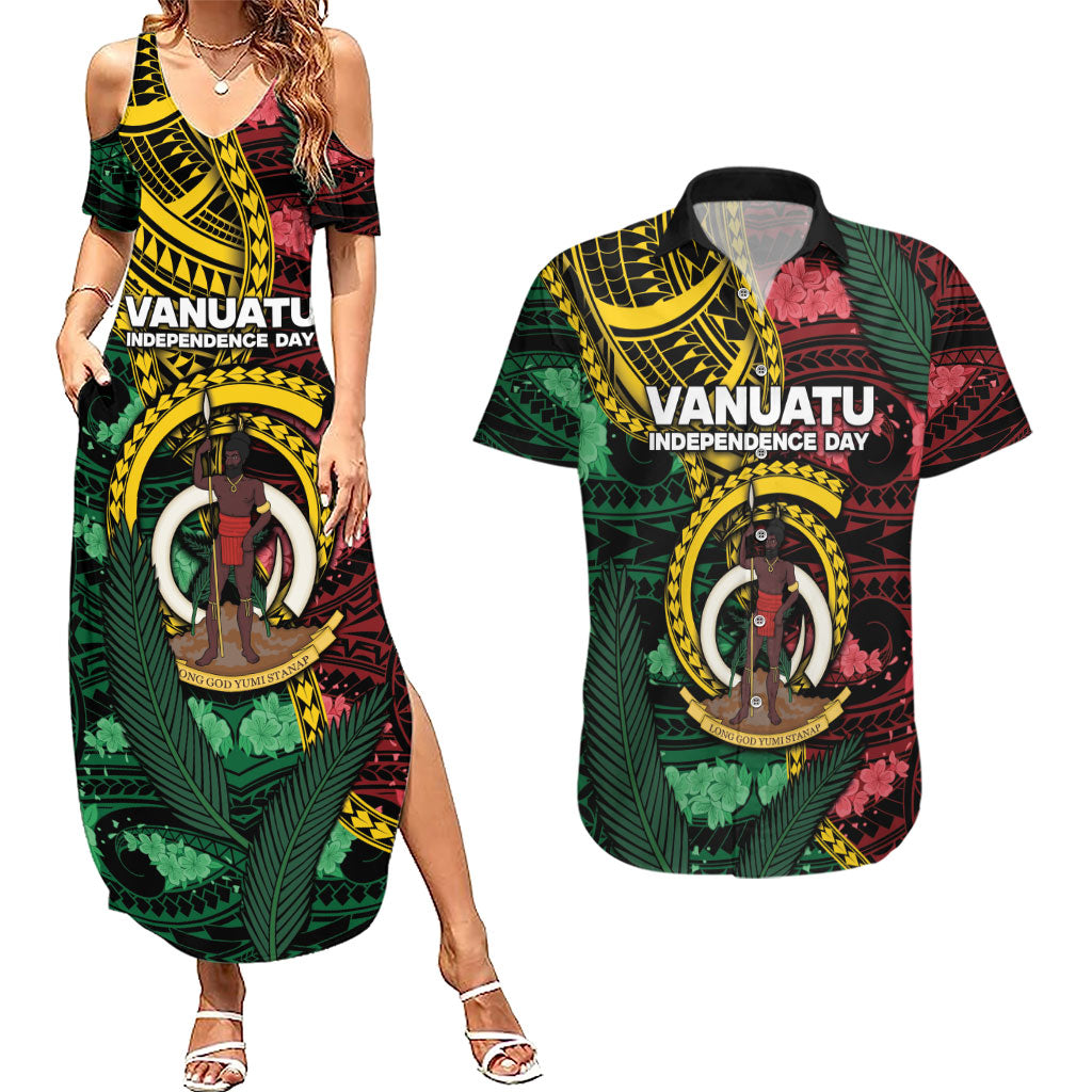 Personalised Vanuatu Independence Day Couples Matching Summer Maxi Dress and Hawaiian Shirt Boar Tusk Warrior Tribal Floral Patterns DT05 Multicolor - Polynesian Pride