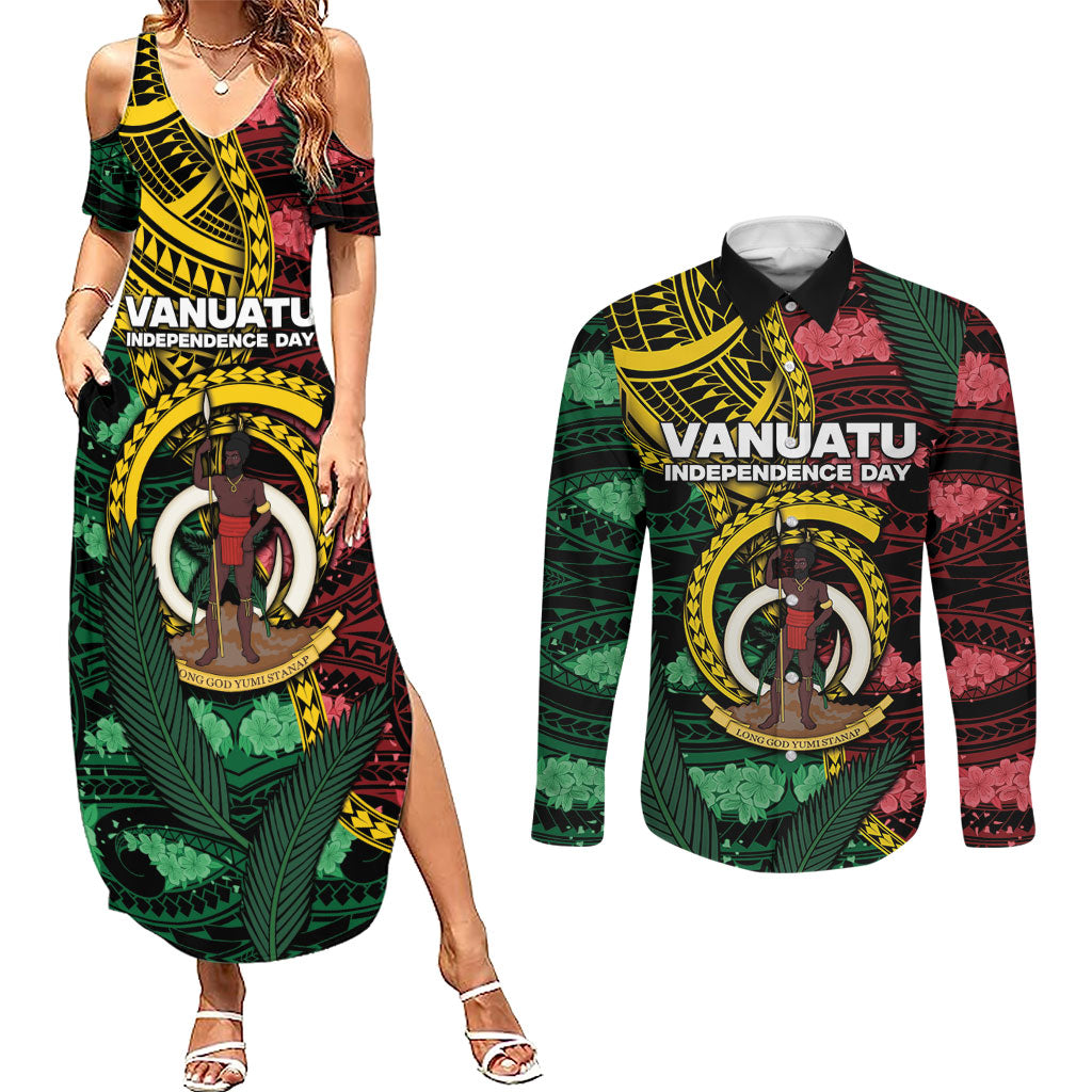Personalised Vanuatu Independence Day Couples Matching Summer Maxi Dress and Long Sleeve Button Shirt Boar Tusk Warrior Tribal Floral Patterns