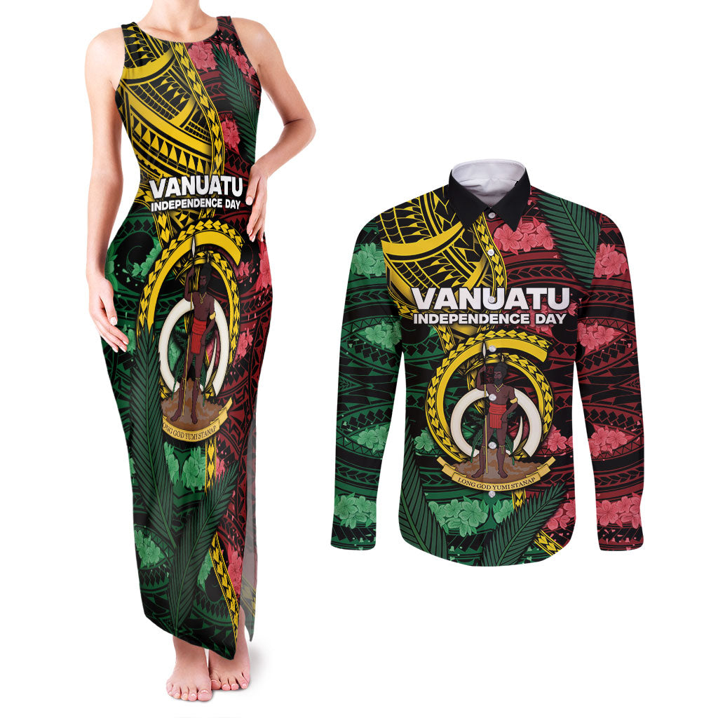Personalised Vanuatu Independence Day Couples Matching Tank Maxi Dress and Long Sleeve Button Shirt Boar Tusk Warrior Tribal Floral Patterns DT05 Multicolor - Polynesian Pride