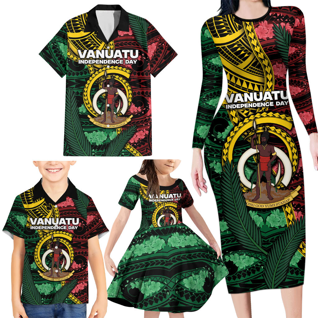 Personalised Vanuatu Independence Day Family Matching Long Sleeve Bodycon Dress and Hawaiian Shirt Boar Tusk Warrior Tribal Floral Patterns DT05 - Polynesian Pride
