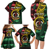 Personalised Vanuatu Independence Day Family Matching Long Sleeve Bodycon Dress and Hawaiian Shirt Boar Tusk Warrior Tribal Floral Patterns