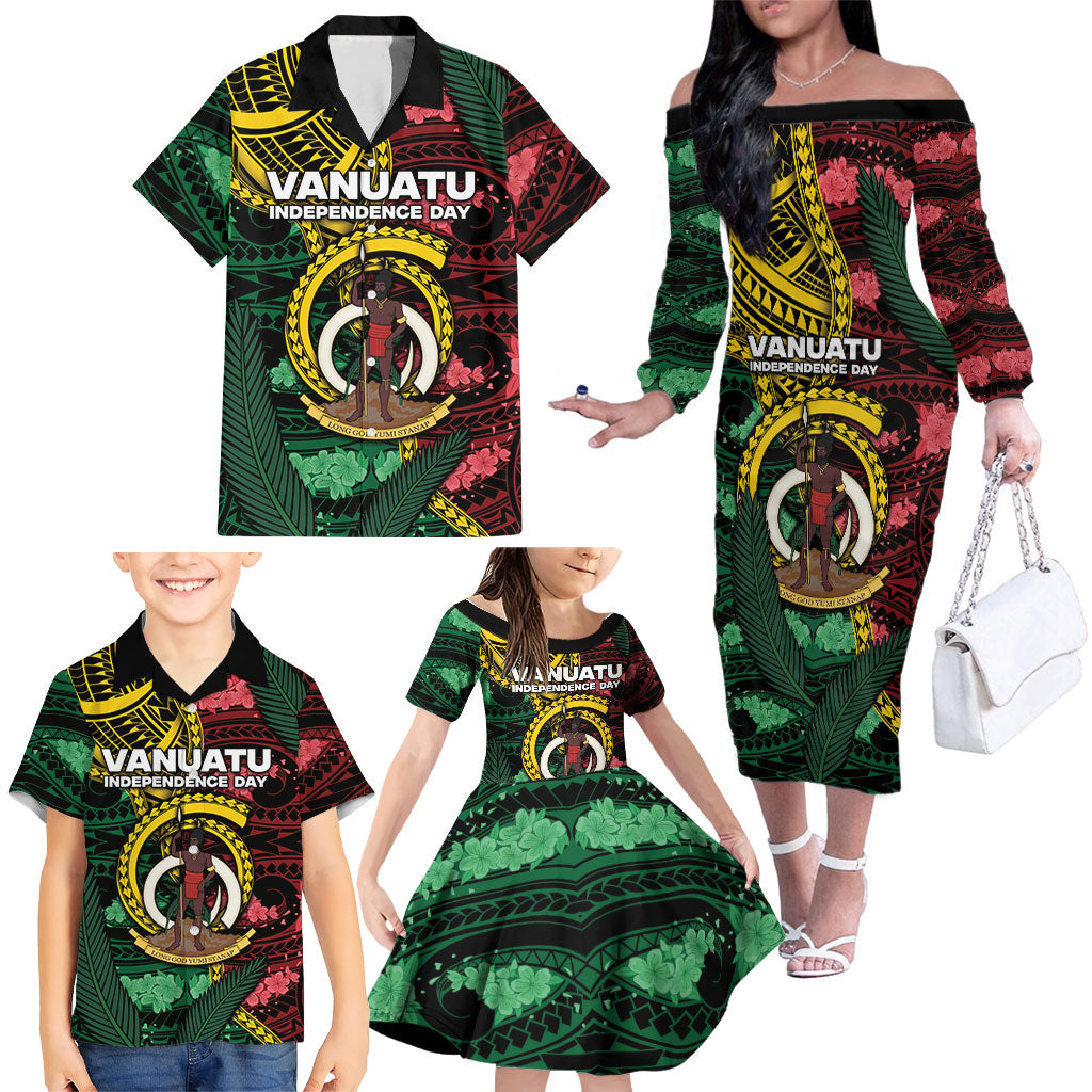 Personalised Vanuatu Independence Day Family Matching Off The Shoulder Long Sleeve Dress and Hawaiian Shirt Boar Tusk Warrior Tribal Floral Patterns DT05 - Polynesian Pride