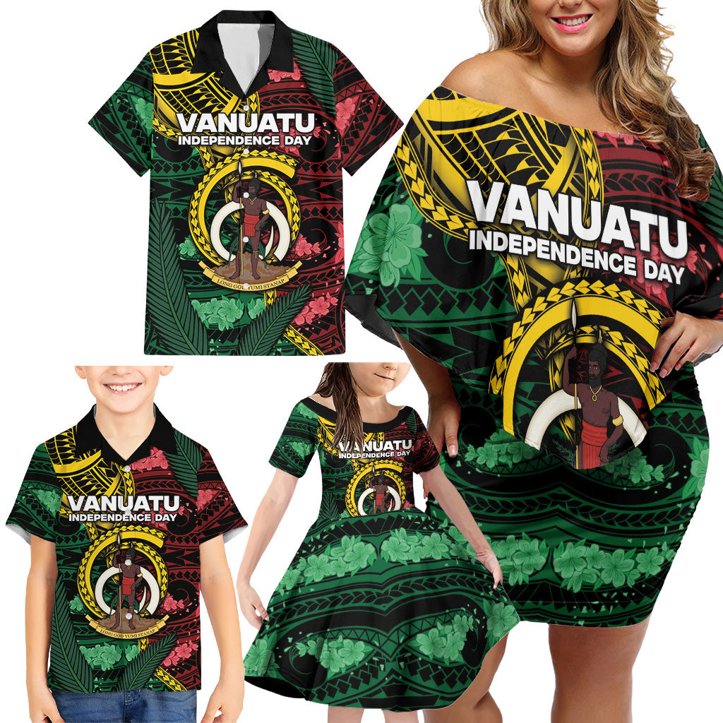 Personalised Vanuatu Independence Day Family Matching Off Shoulder Short Dress and Hawaiian Shirt Boar Tusk Warrior Tribal Floral Patterns DT05 - Polynesian Pride