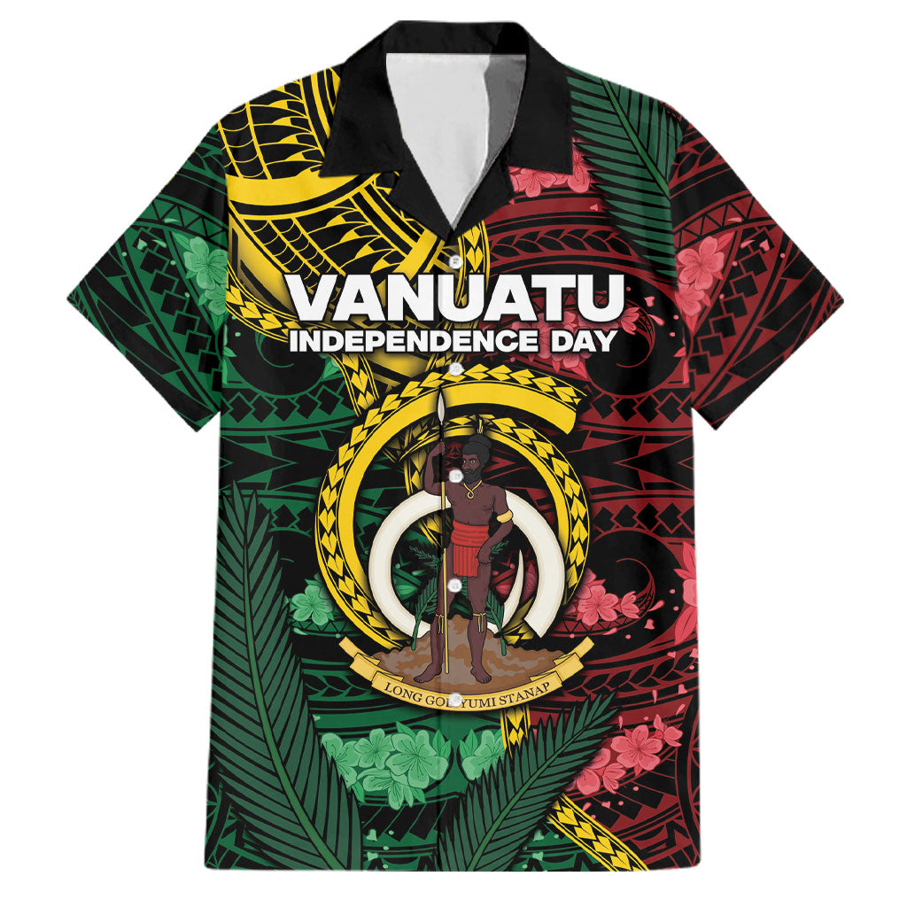 Personalised Vanuatu Independence Day Family Matching Off Shoulder Short Dress and Hawaiian Shirt Boar Tusk Warrior Tribal Floral Patterns