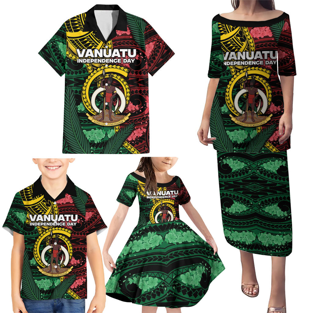 Personalised Vanuatu Independence Day Family Matching Puletasi and Hawaiian Shirt Boar Tusk Warrior Tribal Floral Patterns DT05 - Polynesian Pride