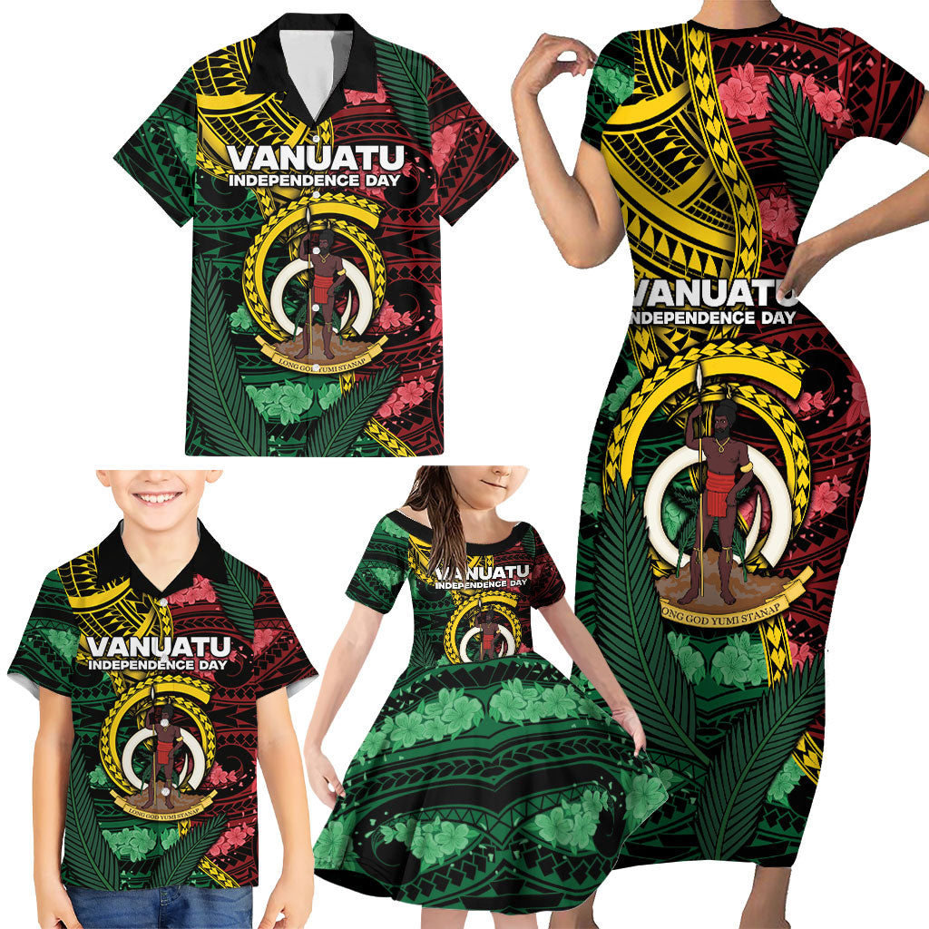 Personalised Vanuatu Independence Day Family Matching Short Sleeve Bodycon Dress and Hawaiian Shirt Boar Tusk Warrior Tribal Floral Patterns DT05 - Polynesian Pride