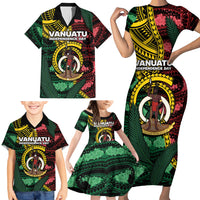 Personalised Vanuatu Independence Day Family Matching Short Sleeve Bodycon Dress and Hawaiian Shirt Boar Tusk Warrior Tribal Floral Patterns