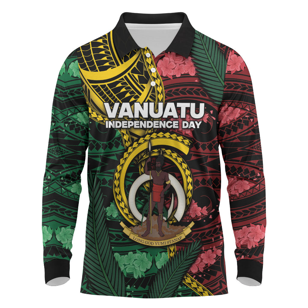 Personalised Vanuatu Independence Day Long Sleeve Polo Shirt Boar Tusk Warrior Tribal Floral Patterns