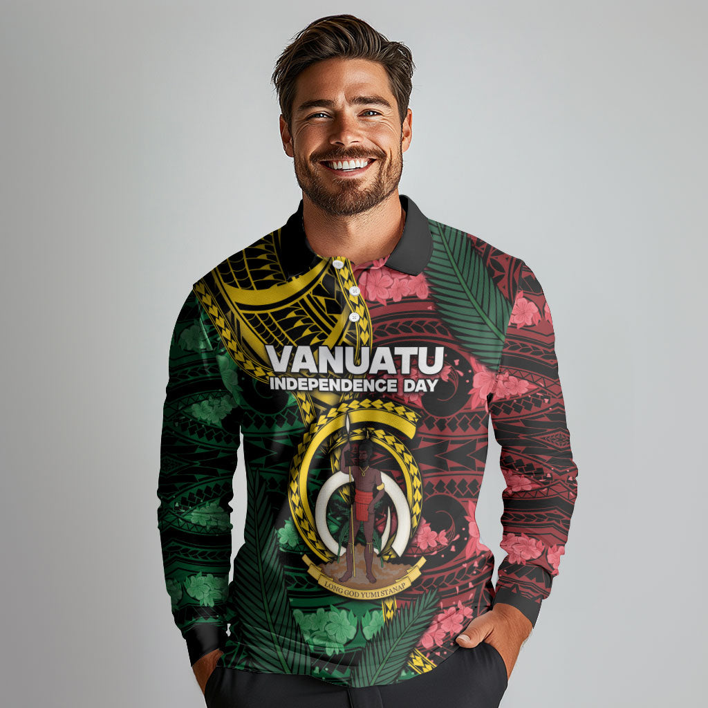 Personalised Vanuatu Independence Day Long Sleeve Polo Shirt Boar Tusk Warrior Tribal Floral Patterns