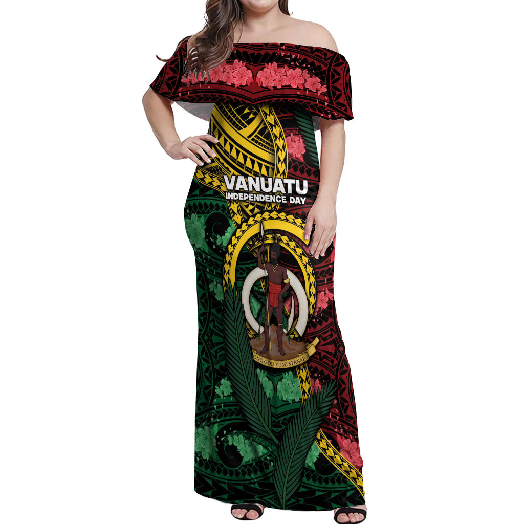 Personalised Vanuatu Independence Day Off Shoulder Maxi Dress Boar Tusk Warrior Tribal Floral Patterns DT05 Women Multicolor - Polynesian Pride
