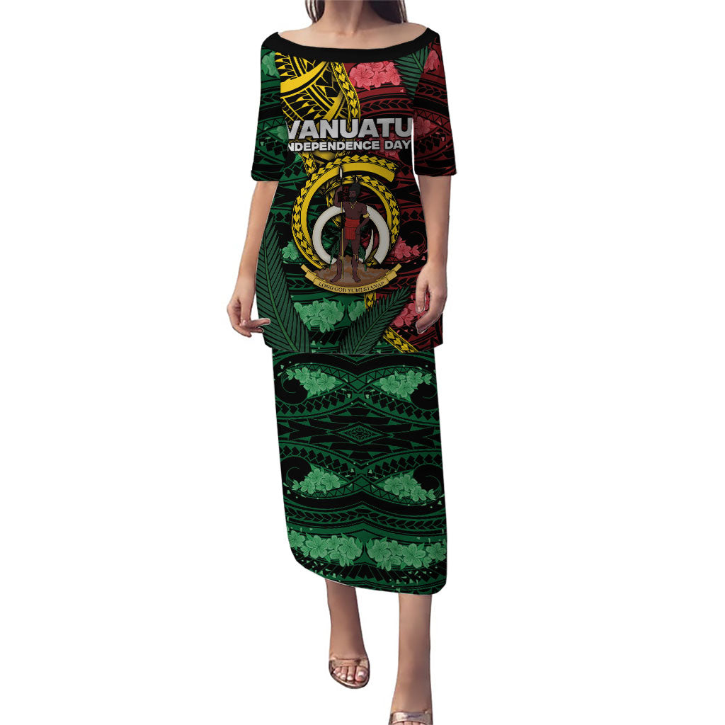 Personalised Vanuatu Independence Day Puletasi Boar Tusk Warrior Tribal Floral Patterns DT05 Long Dress Multicolor - Polynesian Pride