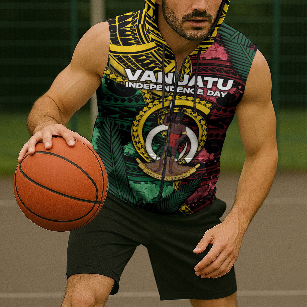 Personalised Vanuatu Independence Day Sleeveless Zip Hoodie Boar Tusk Warrior Tribal Floral Patterns