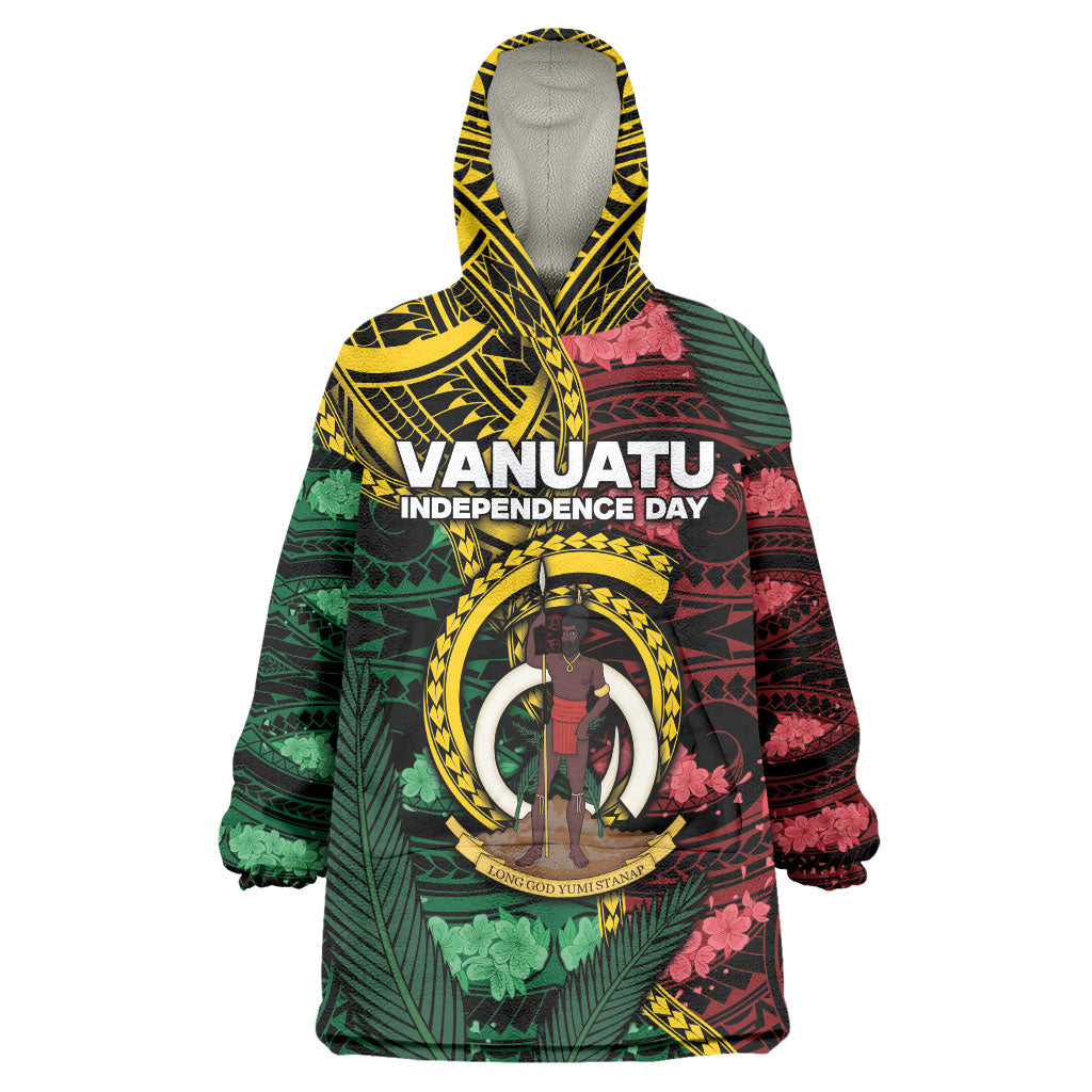 Personalised Vanuatu Independence Day Wearable Blanket Hoodie Boar Tusk Warrior Tribal Floral Patterns