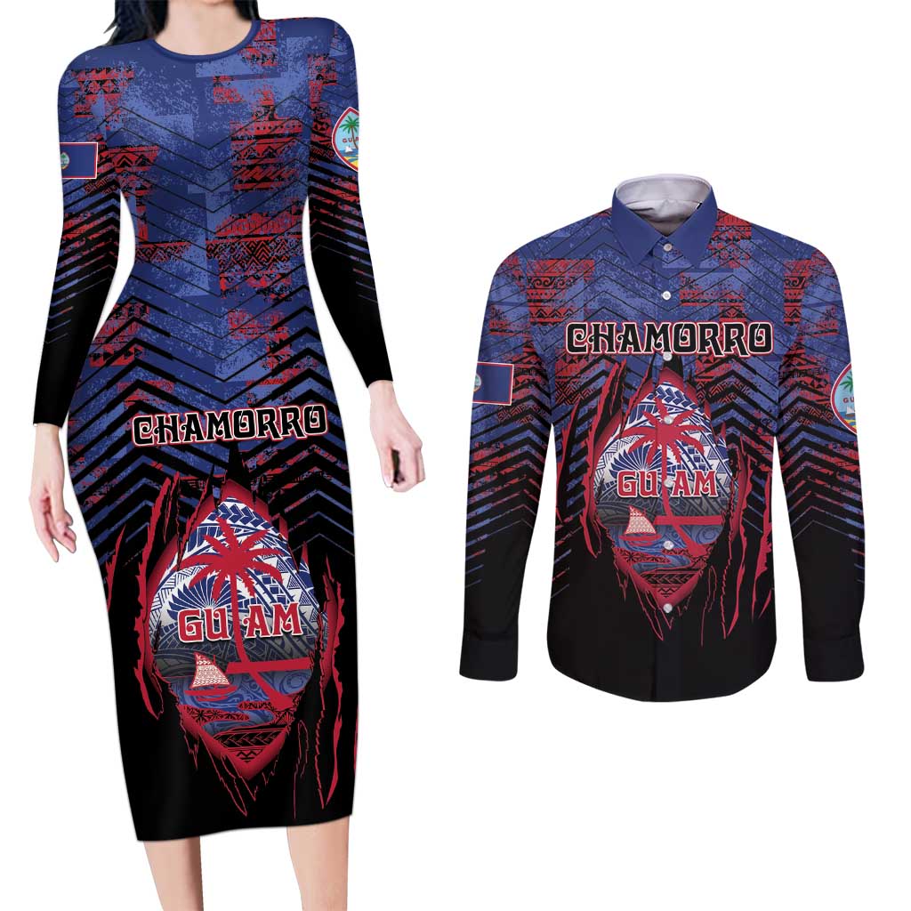 Personalised Guam Couples Matching Long Sleeve Bodycon Dress and Long Sleeve Button Shirt Chamorro Seal Tribal Scratch Design - Polynesian Pride