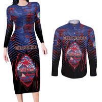 Personalised Guam Couples Matching Long Sleeve Bodycon Dress and Long Sleeve Button Shirt Chamorro Seal Tribal Scratch Design - Polynesian Pride