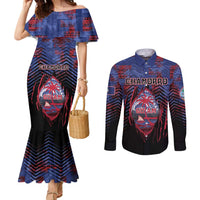 Personalised Guam Couples Matching Mermaid Dress and Long Sleeve Button Shirt Chamorro Seal Tribal Scratch Design - Polynesian Pride
