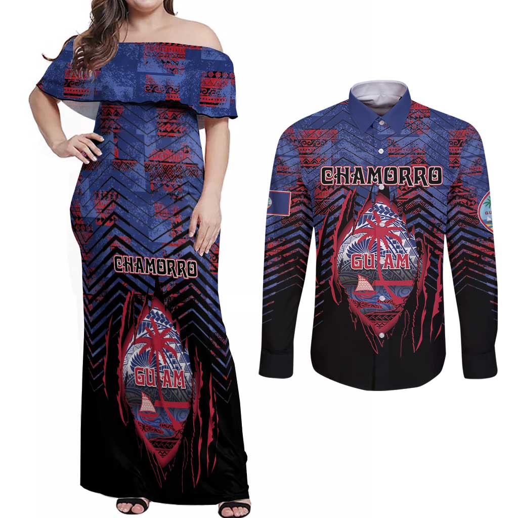 Personalised Guam Couples Matching Off Shoulder Maxi Dress and Long Sleeve Button Shirt Chamorro Seal Tribal Scratch Design - Polynesian Pride