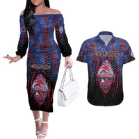 Personalised Guam Couples Matching Off The Shoulder Long Sleeve Dress and Hawaiian Shirt Chamorro Seal Tribal Scratch Design - Polynesian Pride