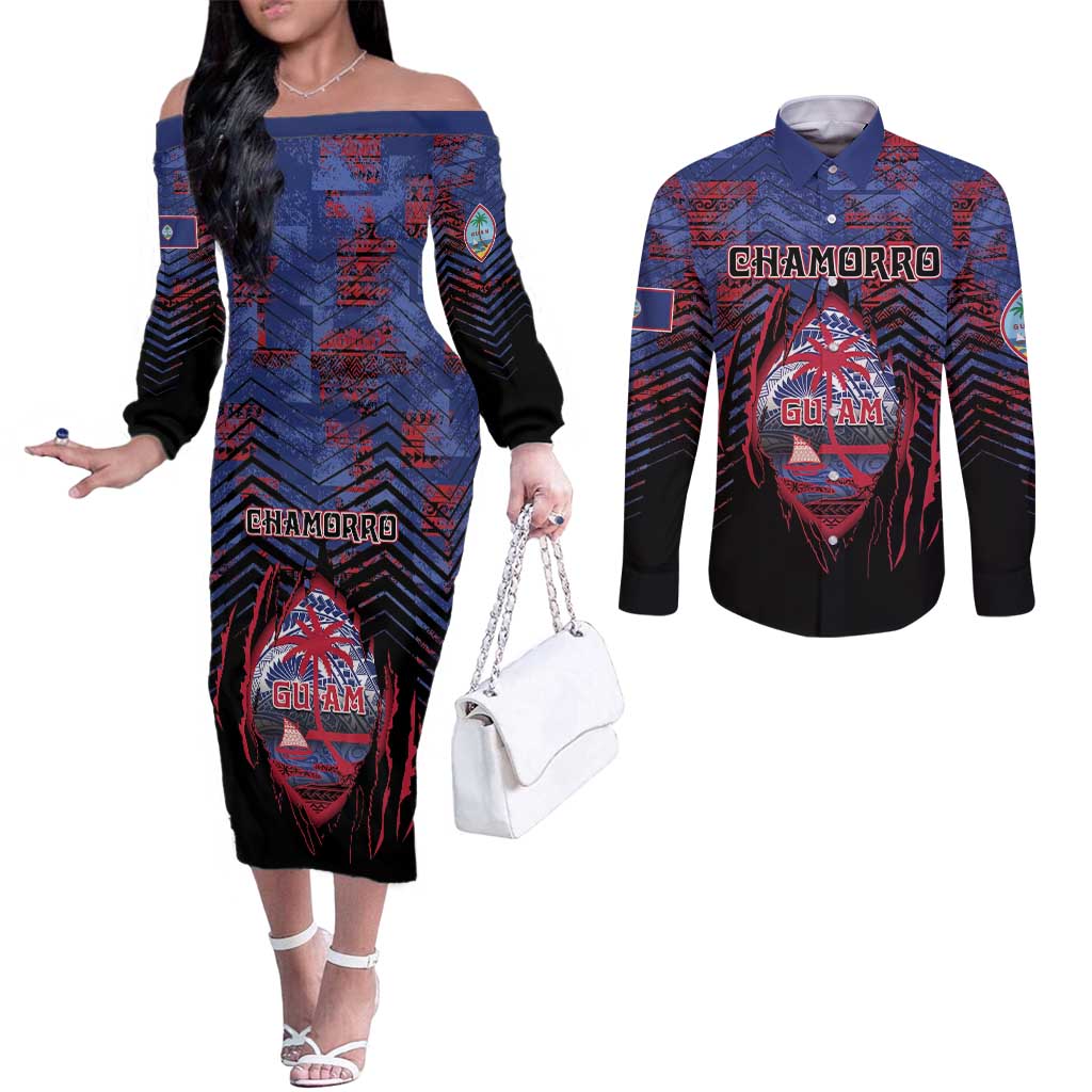 Personalised Guam Couples Matching Off The Shoulder Long Sleeve Dress and Long Sleeve Button Shirt Chamorro Seal Tribal Scratch Design - Polynesian Pride