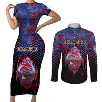 Personalised Guam Couples Matching Short Sleeve Bodycon Dress and Long Sleeve Button Shirt Chamorro Seal Tribal Scratch Design - Polynesian Pride