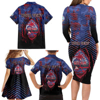 Personalised Guam Family Matching Long Sleeve Bodycon Dress and Hawaiian Shirt Chamorro Seal Tribal Scratch Design - Polynesian Pride