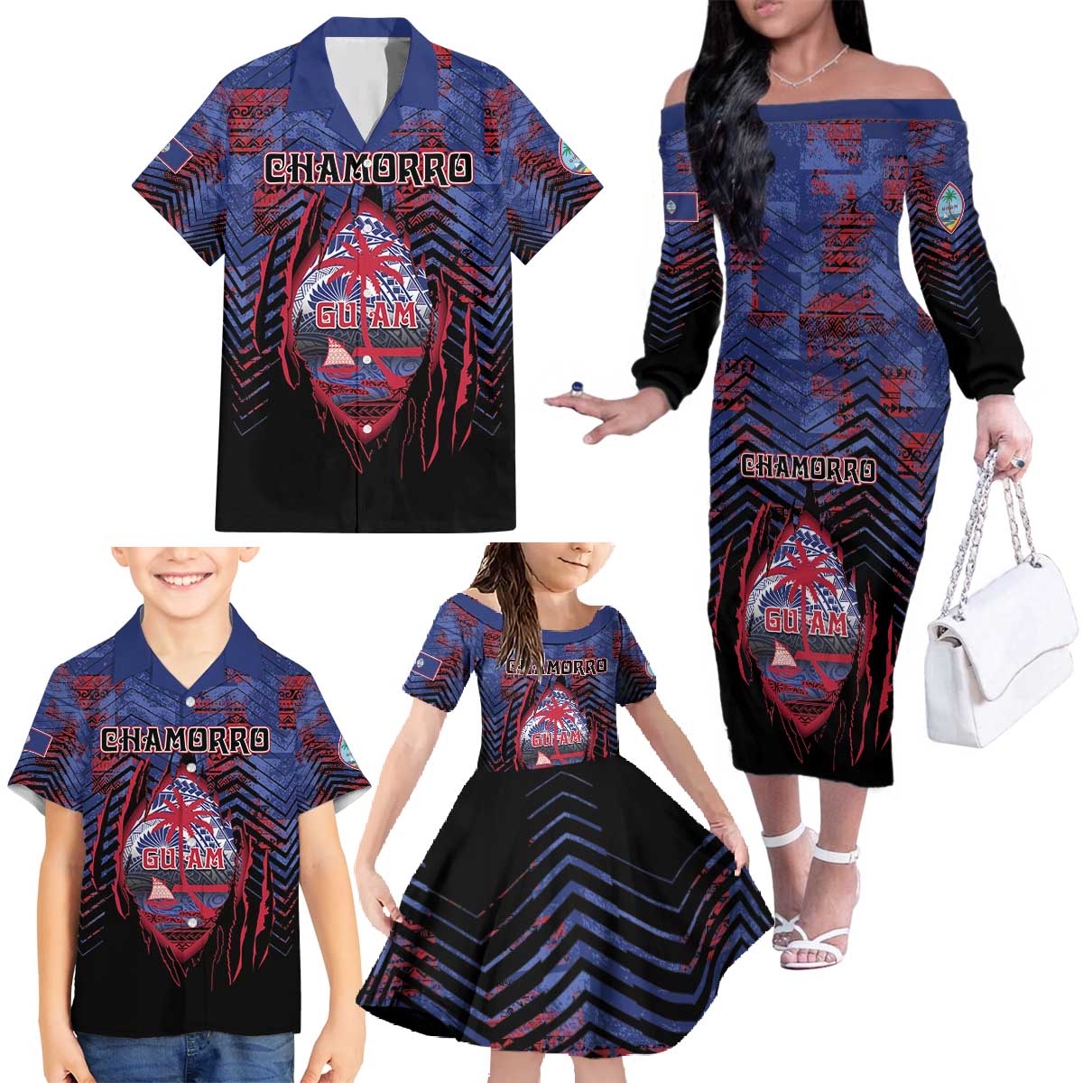 Personalised Guam Family Matching Off The Shoulder Long Sleeve Dress and Hawaiian Shirt Chamorro Seal Tribal Scratch Design - Polynesian Pride
