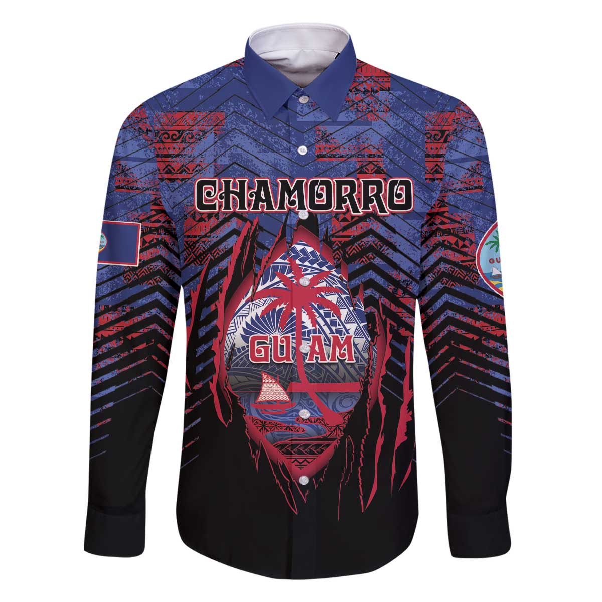 Personalised Guam Family Matching Off The Shoulder Long Sleeve Dress and Hawaiian Shirt Chamorro Seal Tribal Scratch Design - Polynesian Pride