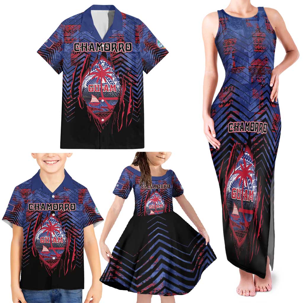 Personalised Guam Family Matching Tank Maxi Dress and Hawaiian Shirt Chamorro Seal Tribal Scratch Design - Polynesian Pride
