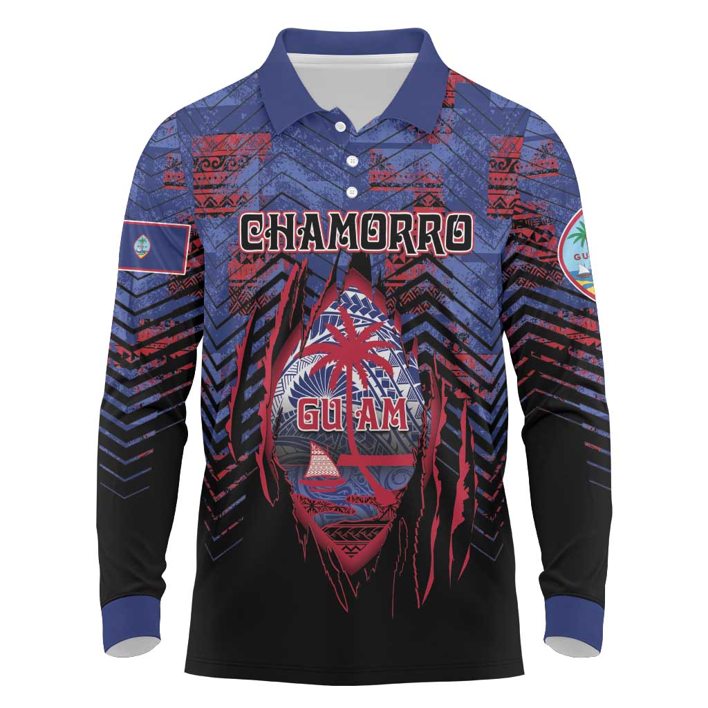 Personalised Guam Long Sleeve Polo Shirt Chamorro Seal Tribal Scratch Design - Polynesian Pride