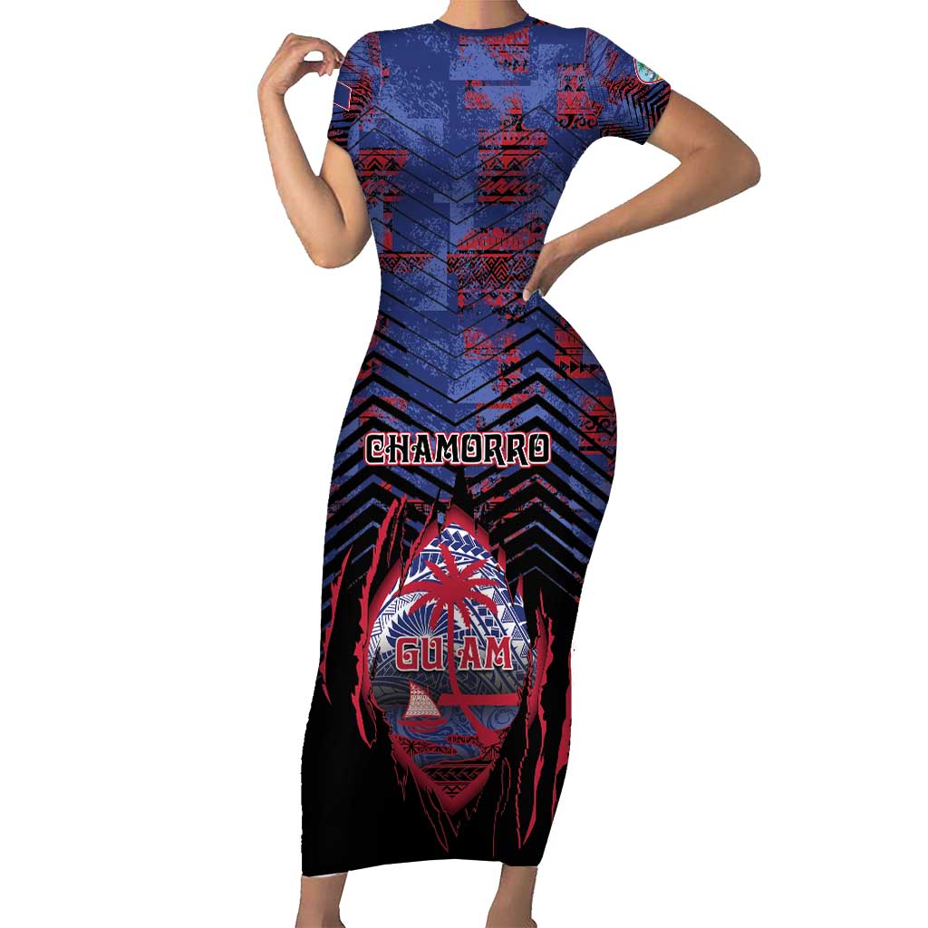 Personalised Guam Short Sleeve Bodycon Dress Chamorro Seal Tribal Scratch Design - Polynesian Pride
