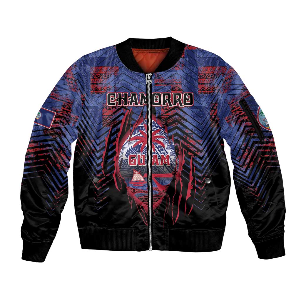 Personalised Guam Sleeve Zip Bomber Jacket Chamorro Seal Tribal Scratch Design DT05 Unisex Navy - Polynesian Pride