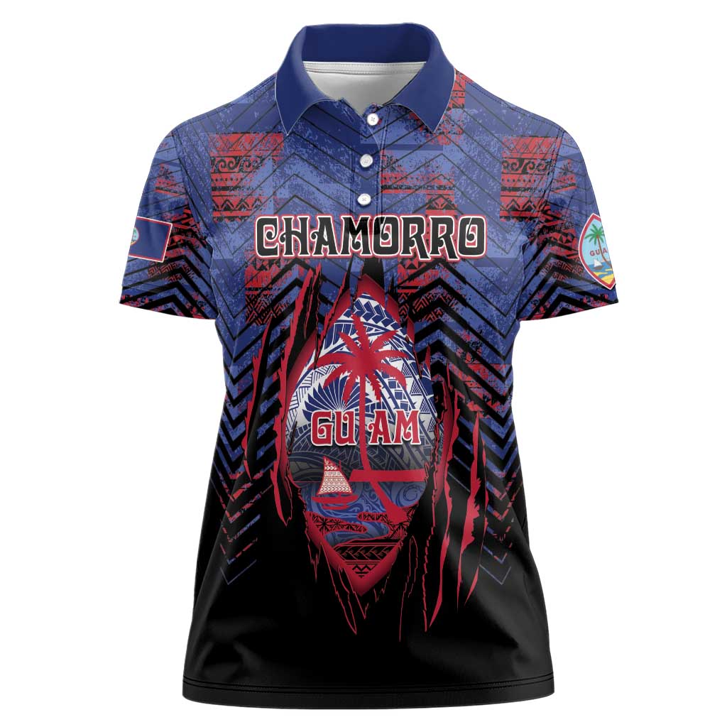 Personalised Guam Women Polo Shirt Chamorro Seal Tribal Scratch Design DT05 Female Navy - Polynesian Pride