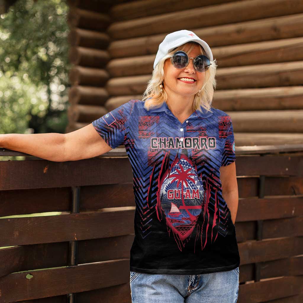 Personalised Guam Women Polo Shirt Chamorro Seal Tribal Scratch Design DT05 - Polynesian Pride