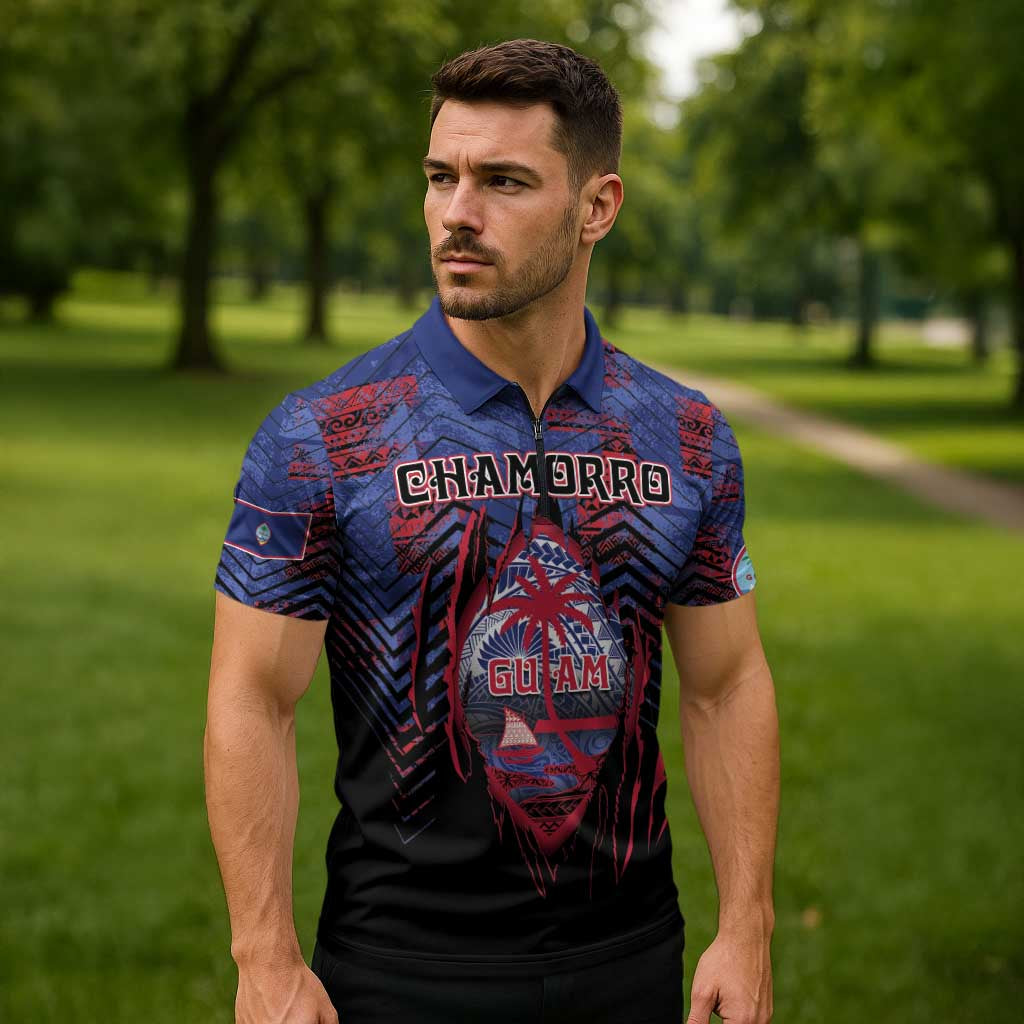 Personalised Guam Zipper Polo Shirt Chamorro Seal Tribal Scratch Design - Polynesian Pride