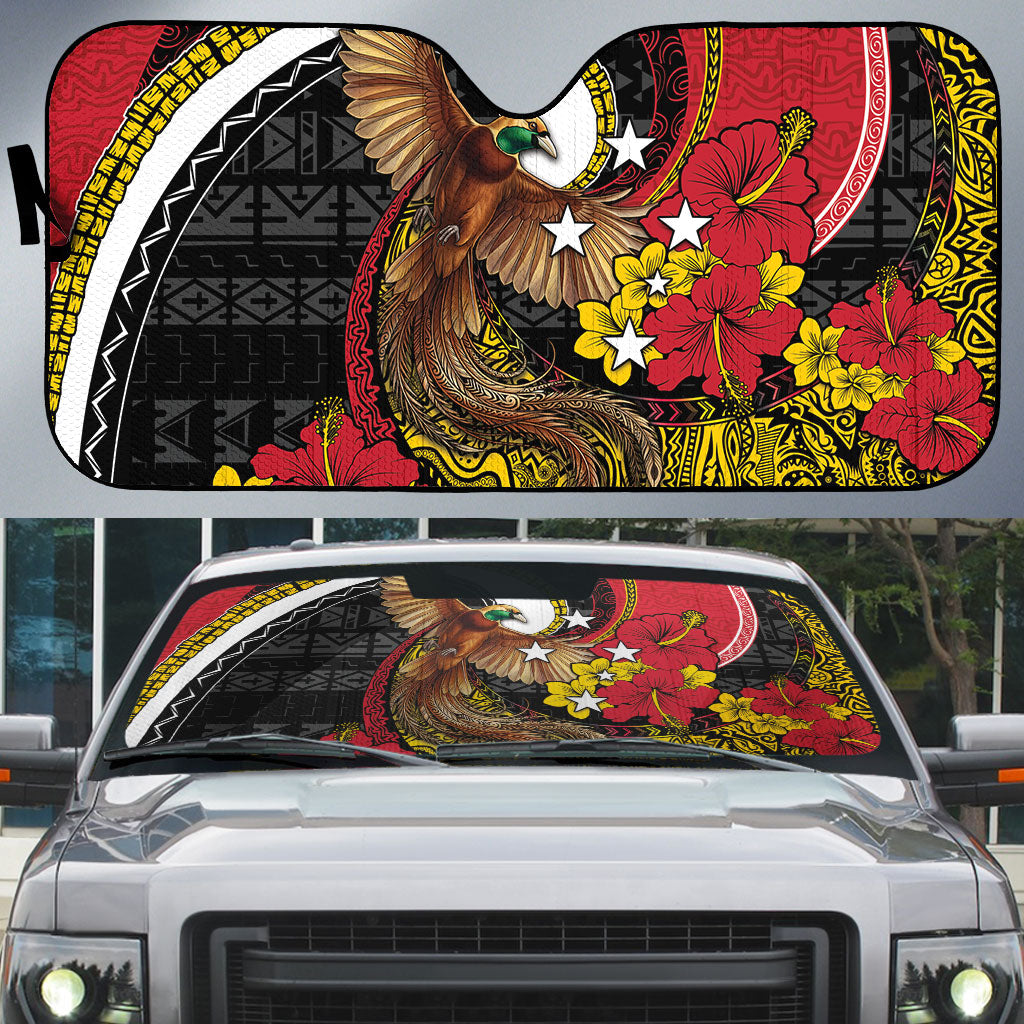 Papua New Guinea Language Week Auto Sun Shade Bird Of Paradise Tribal Floral Pattern DT05 Black - Polynesian Pride